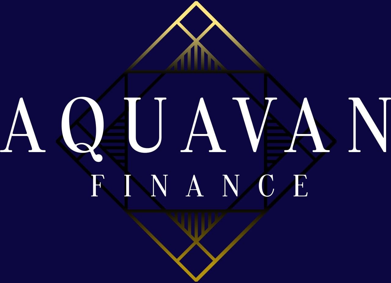 A sleek logo for Quava Finance with gold geometric accents on a dark background.