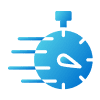Blue stopwatch icon with motion lines.