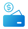 Blue wallet with dollar symbol icon.
