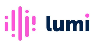 Logo with pink icon and dark blue text 'lun'.