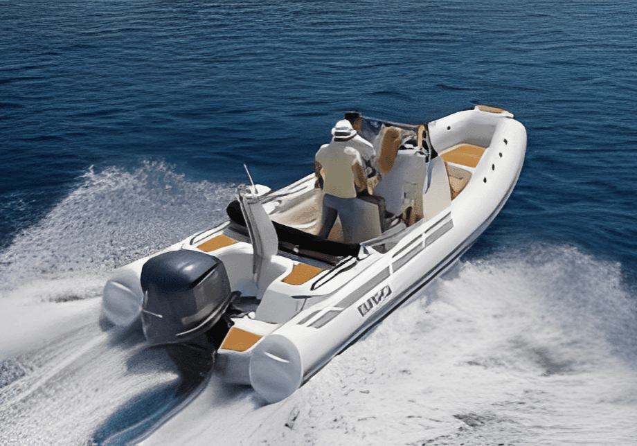 Two people navigating a white motorboat on open water.